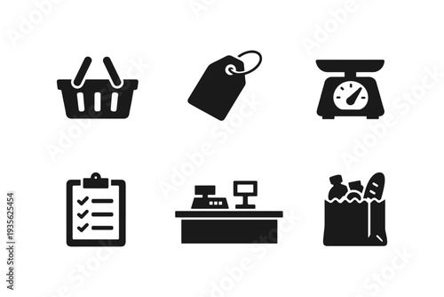 Collection of grocery shopping and retail icons on a white background