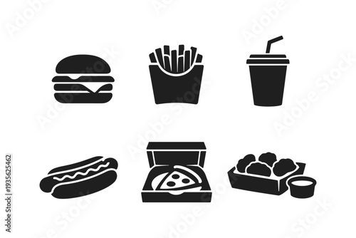 Collection of popular fast food icons including burger, fries, pizza, hot dog, and drink