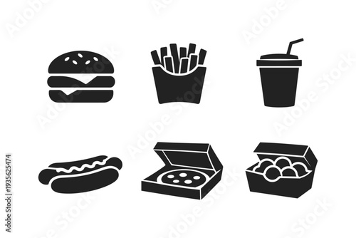 Collection of popular fast food icons including burger, fries, soda, hot dog, pizza, and nuggets