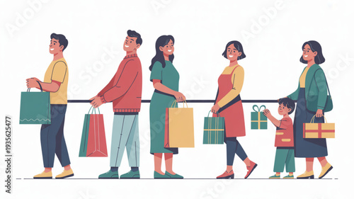 Diverse group of people walking in line with shopping bags and gifts on a white background conveying consumerism and community