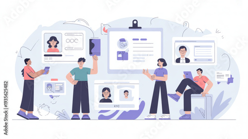 People interacting with digital profiles and devices in a modern workspace setting with social media and online communication