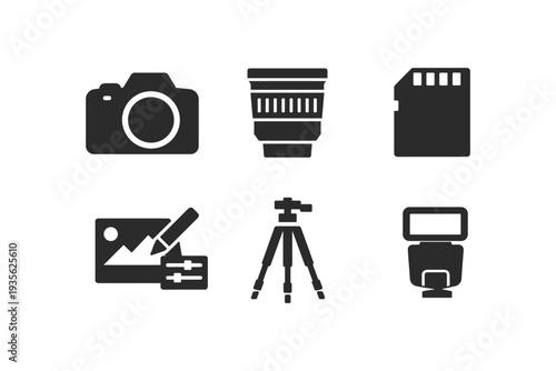 Collection of photography icons including camera, lens, memory card, editing, tripod, and flash