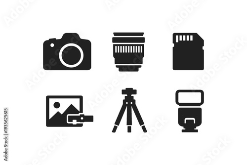 Collection of black photography icons on a white background, representing equipment and accessories