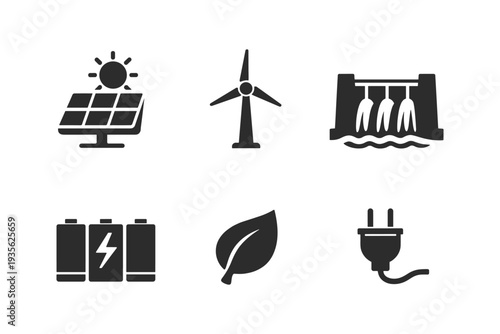 Collection of renewable energy icons including solar, wind, hydro, battery, leaf, and plug