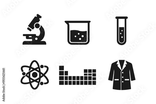 Collection of science icons including microscope, beaker, test tube, atom, periodic table and lab coat