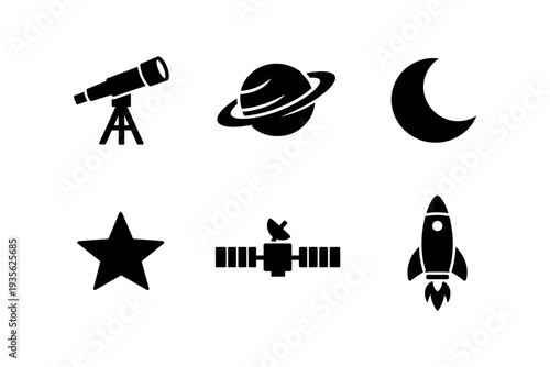 Collection of space and astronomy icons including a telescope, planet, moon, star, satellite, and rocket