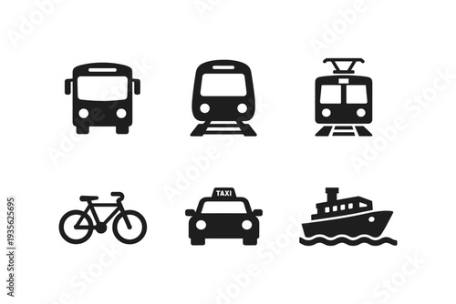 Different modes of transportation icons in black silhouette