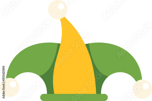 Jester hat with green and yellow colors, bells, representing celebration and fun