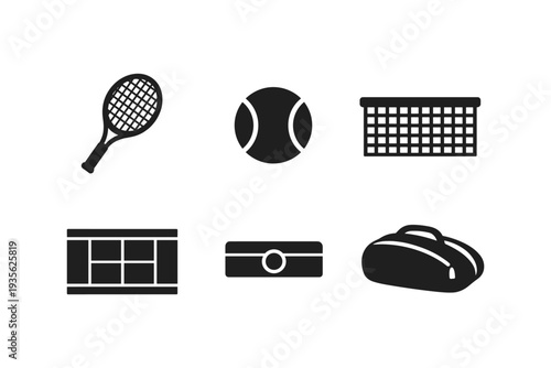 Collection of black tennis icons on a white background, representing sport equipment and court elements