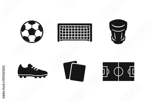 Collection of black soccer icons representing game elements on a white background