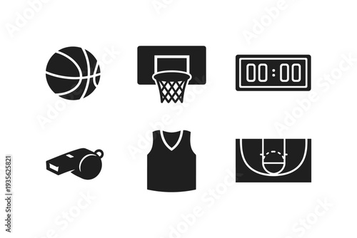 Collection of black basketball icons representing game elements on a white background