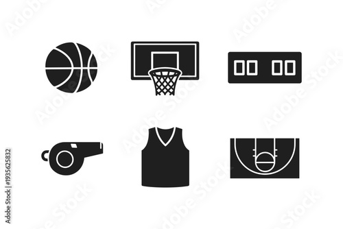 Collection of black basketball icons including a ball, hoop, scoreboard, whistle, jersey, and court