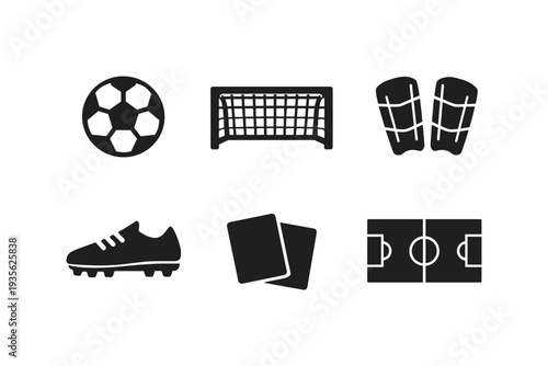 Collection of six black soccer sport icons on a white background