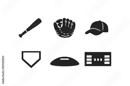 Collection of baseball equipment icons including bat, glove, cap, home plate, and scoreboard