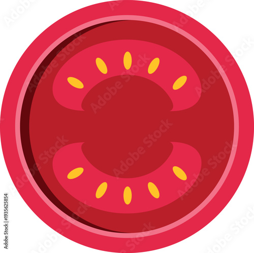 Round tomato slice presenting seeds and red pulp, isolated on white background
