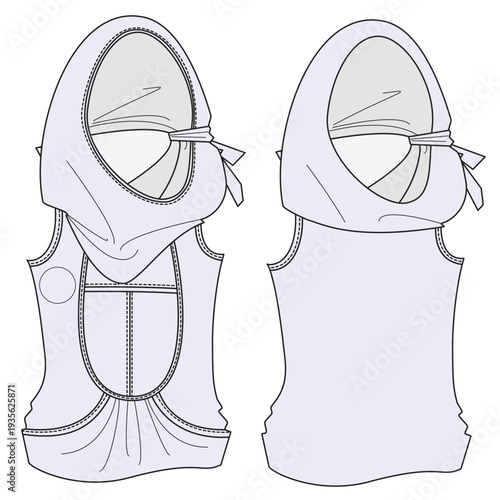 Sleeveless hoodies vector design mockup template technical flat drawing.
