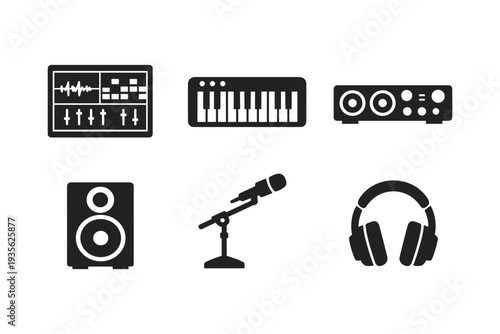 Collection of music production and audio equipment icons on a white background