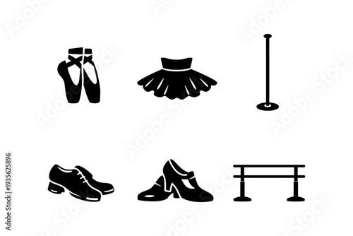 Collection of ballet and dance icons including pointe shoes, tutu, and barres
