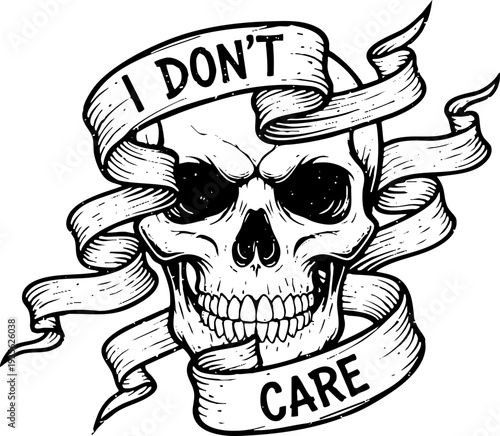 "I Don't Care" Skull Banner Tattoo Style Illustration