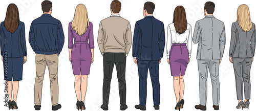 Rear view business people standing together, professional men and women team lineup, corporate employees group diversity, office staff concept illustration