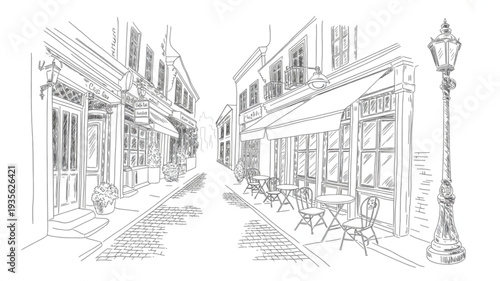 Quaint european street scene with cafes and lamp post empty cobblestone road daytime