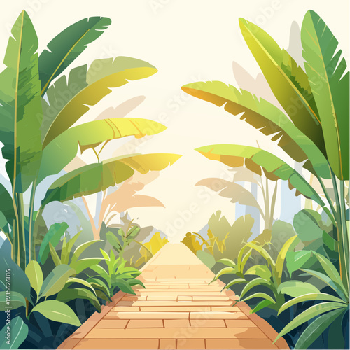 Lush tropical path illustration leading into a radiant sunlit distance, symbolizing a bright future and new possibilities