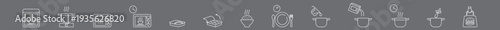 Cooking thin line icons set with editable stroke, isolated on a grey background. Minimal pictograms representing semi-finished meal preparation instructions, suitable for packaging, recipe guides