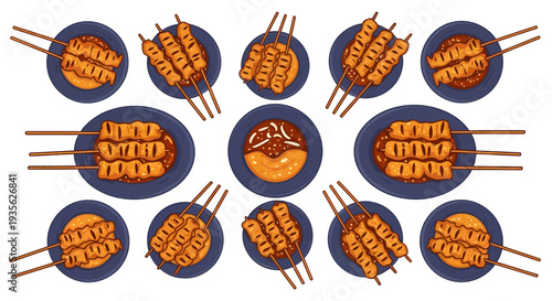 Indonesian Satay Chicken Skewers with Peanut Sauce Vector Illustration
