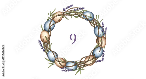 Easter egg wreath with lavender flowers and number nine in purple, a beautiful spring decoration with blue and brown eggs