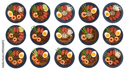 Stir Fried Soy Sauce Noodles with Prawns, Sausage, and Boiled Egg Illustration Set
