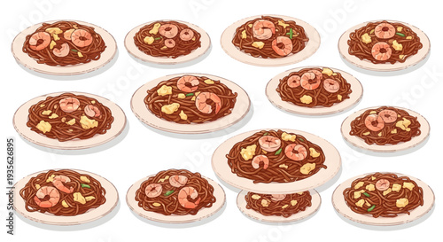 Singapore Hokkien Mee Stir Fried Noodles with Prawns and Scrambled Egg Illustration Set