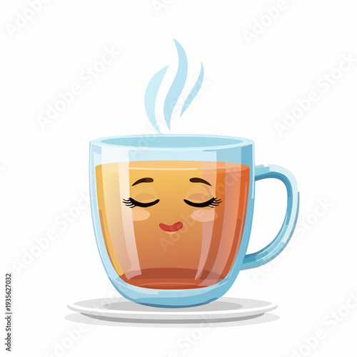 A serene glass teacup character enjoying a warm and comforting moment with steaming herbal brew
