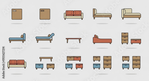 Collection of modern furniture icons for interior design.