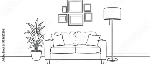 A living room interior with a couch plant lamp and wall art