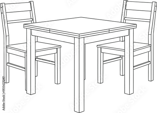 A simple line drawing of a square table with two chairs