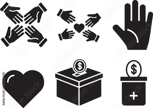 Charity and donation vector icon set. Collection of giving, support, volunteering and humanitarian help symbols in modern flat and outline style.