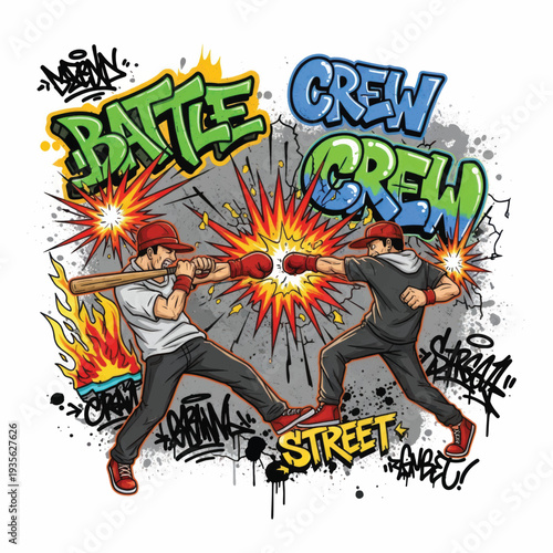 Colorful street battle graffiti illustration of two fighters clashing in dynamic action.