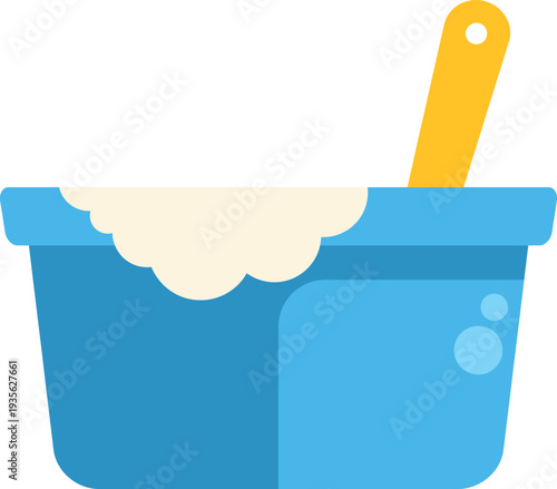 Minimal flat design illustration of a blue basin full of soap suds with a yellow handle
