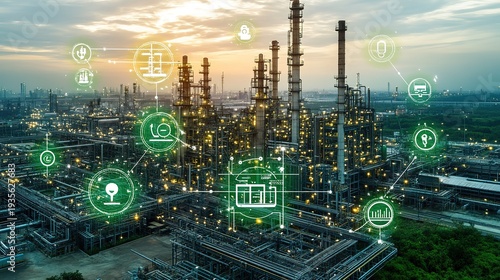 Industrial Plant with Digital Connectivity and IoT Icons at Dusk
