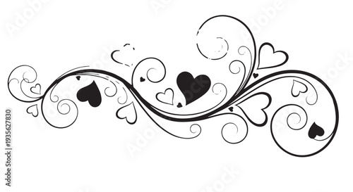 Elegant decorative floral swirl with hearts that can be used as border ornament in invitations and design projects.