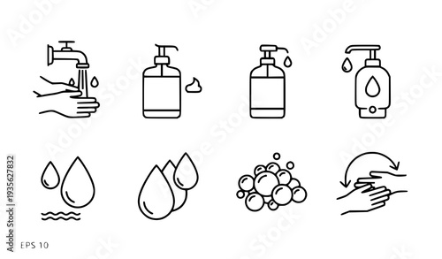 Hand Washing Linear Icon Set Outline Hygiene Symbols with Tap and Liquid Soap Vector
