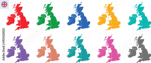 United Kingdom Map Vector Illustration Multi-Color Set with Red, Green, Blue, Yellow, Teal, Purple, Peach, Cyan, Pink, Gray, Isolated on Transparent Background, Editable AI EPS10 JPG PNG.