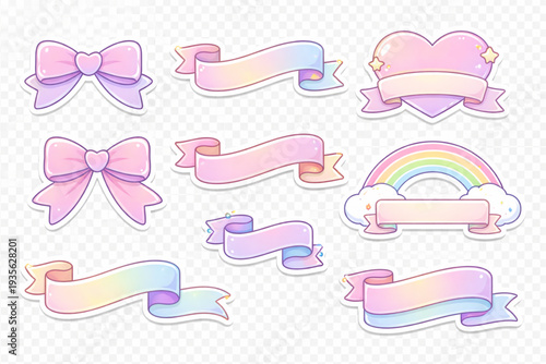 Kawaii Pastel Dream Elements: Adorable Vector Sticker Set Featuring Cute Ribbons, Bows, Heart & Rainbow Banners – Perfect for Planners, Scrapbooking & Girly Designs