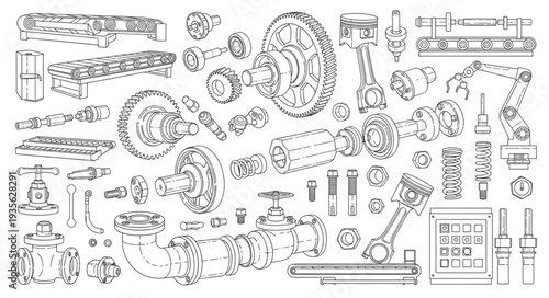 Detailed Mechanical Components and Engineering Schematics Hand Drawn Illustration.