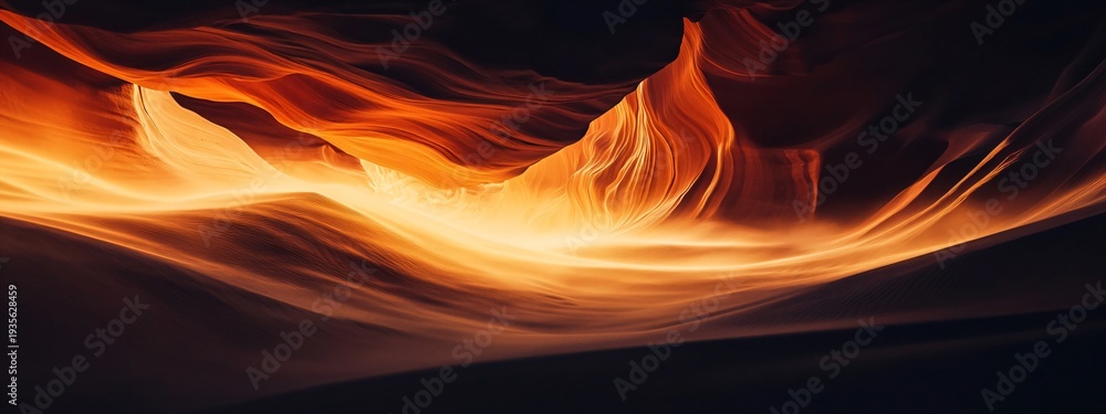 Fototapeta premium Bright orange abstract natural background resembling a desert canyon. Dark glowing illuminated sandstone surface texture with wavy lines and gradients. Banner with copy space