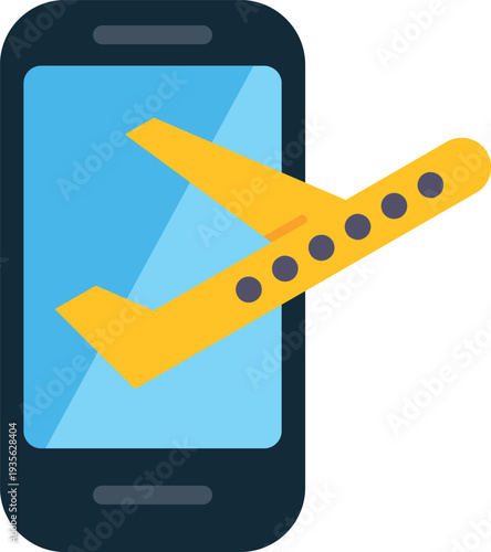 Yellow airplane emerging from smartphone screen symbolizing online flight booking and travel