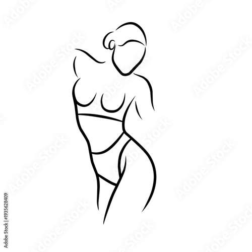 A simple line drawing depicting a seductive female body silhouette. The artistic vector illustration features a waist, belly button, and hips, while wearing minimal underwear. 
