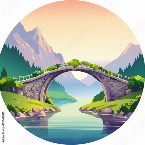 Stylized illustration of a peaceful stone arch bridge spanning a serene river in a vibrant mountain valley landscape at dusk