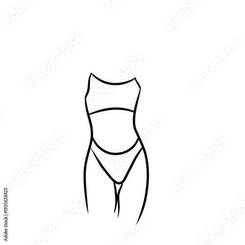 A simple line drawing depicting a seductive female body silhouette. The artistic vector illustration features a waist, belly button, and hips, while wearing minimal underwear. 