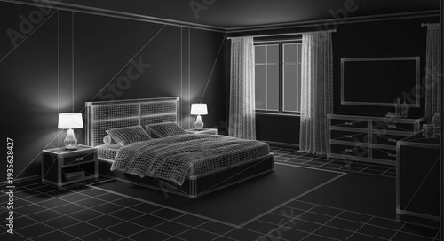 Wireframe rendering of a modern bedroom interior design.